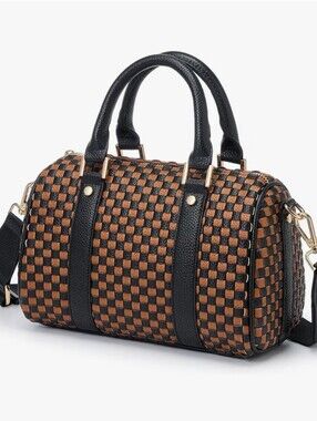 Black & Brown Vegan Leather Woven Satchel Bag - Women's Fashion Handbag